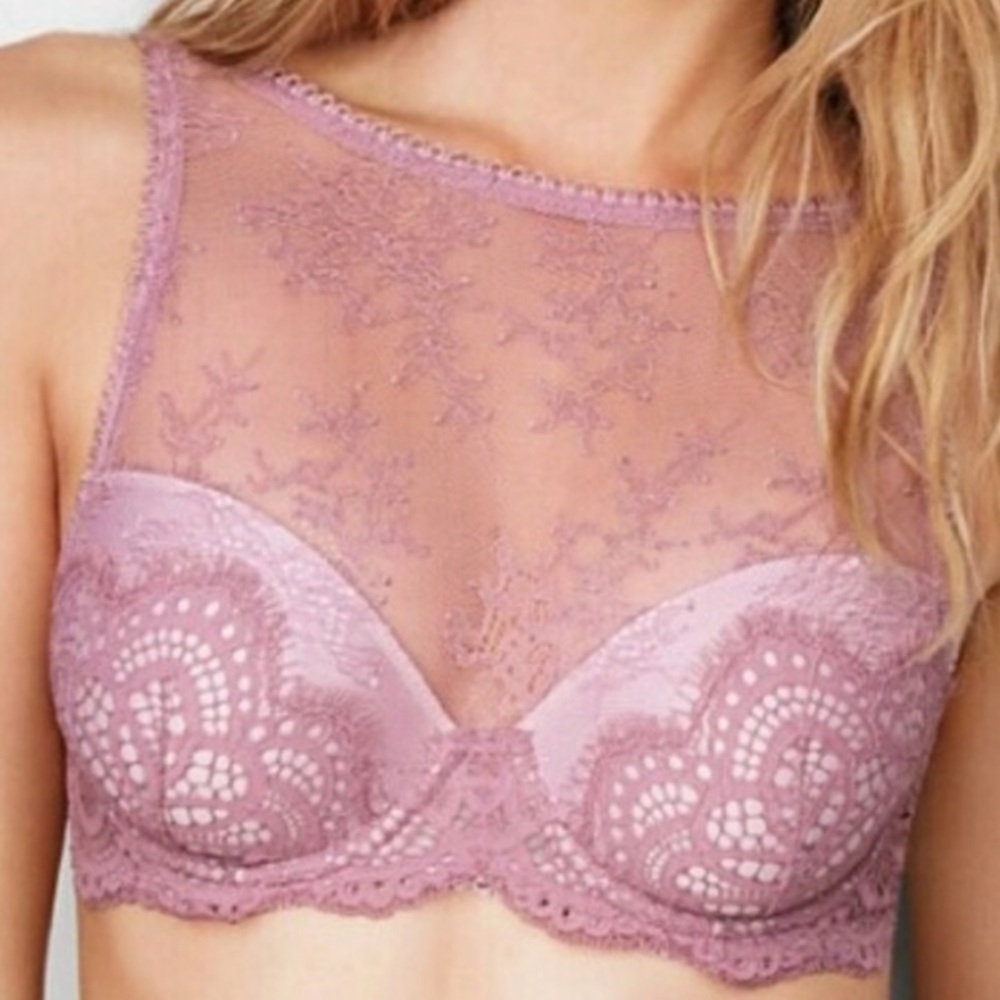Victoria’s Secret Dream Angels Bra Lined Demi High Neck Lace Purple Size 34D - Picture 2 of 5